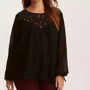 Torrid Multi-Color Embroidered Flower Chiffon Tie Long Sleeve Blouse size 2
